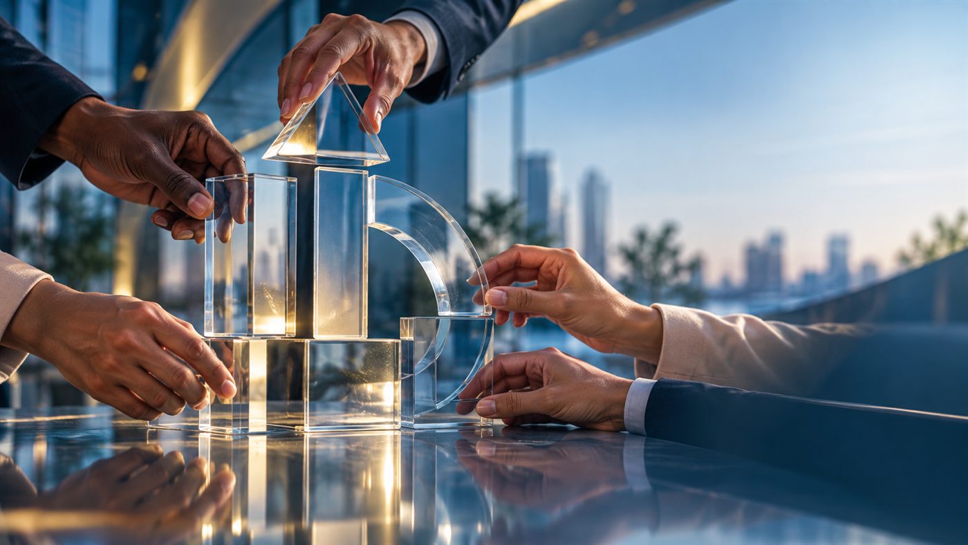 Pessoas construindo juntas uma estrutura transparente