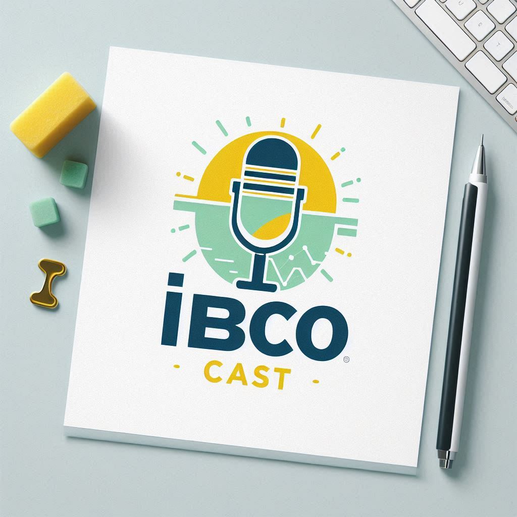 Identidade visual do IBCO Cast em uma mesa de trabalho