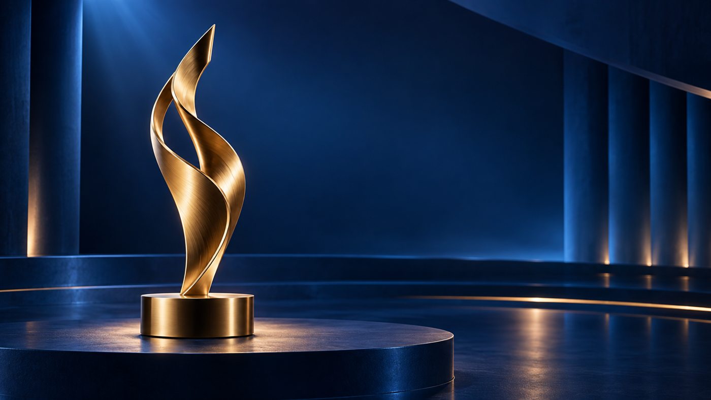 Troféu dourado em ambiente institucional azul